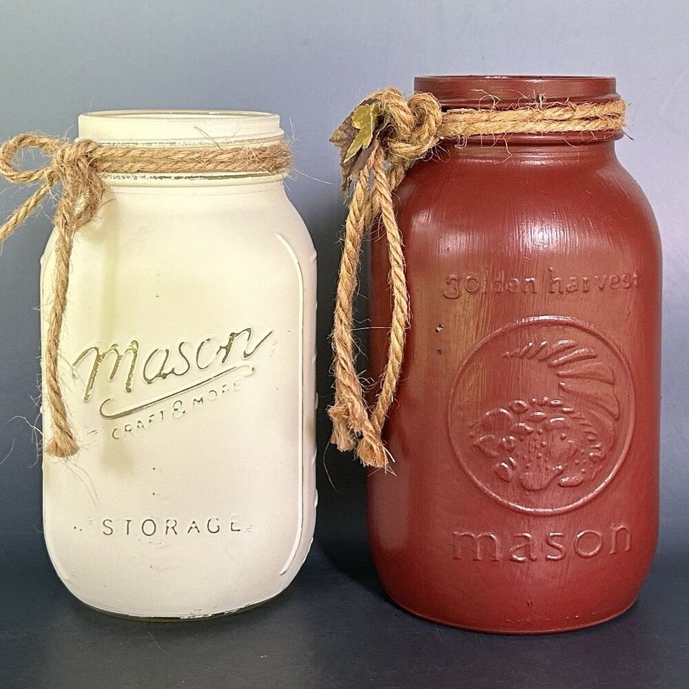 Painted Mason Glass Jars Set 2 Farmhouse Kitchen Decor Rustic Country Harvest